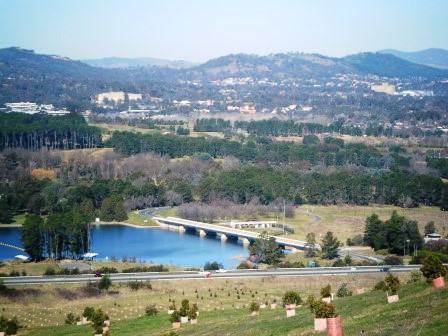 View from the Arboretum to Lake Burley Griffin and  Scrivener Dam