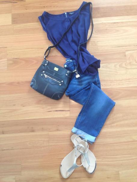 Laurie cross-body bag in blue - teamed with top and crop jeans from Jeanswest and Joanne Mercer sandals