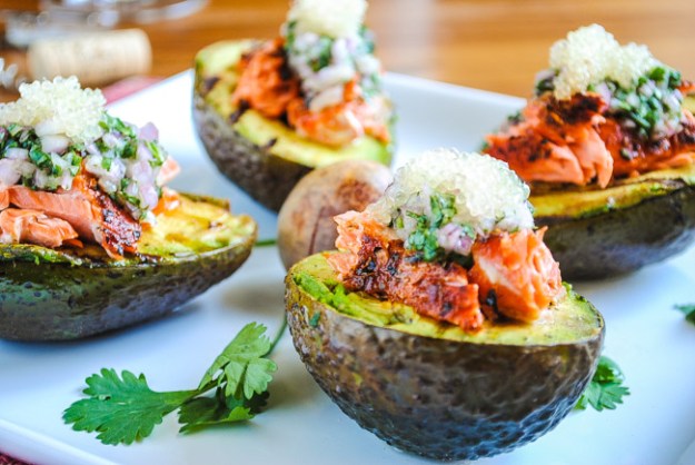 Finger limes with avocado and salmon