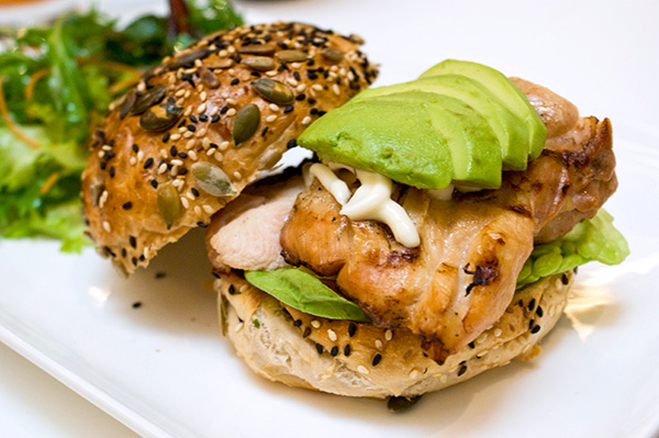 Home-made chicken burger with avocado