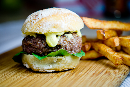 Home made lamb burger with sweet potato fries
