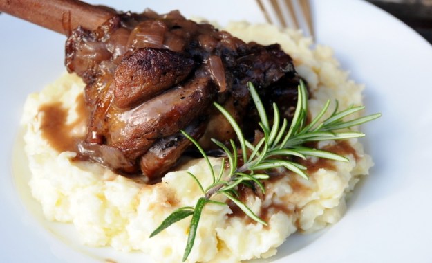 Lamb shanks with spicy plum sauce and garlic mash