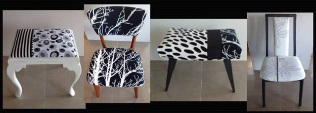 Selection of monochrome upcycled footstools and chairs