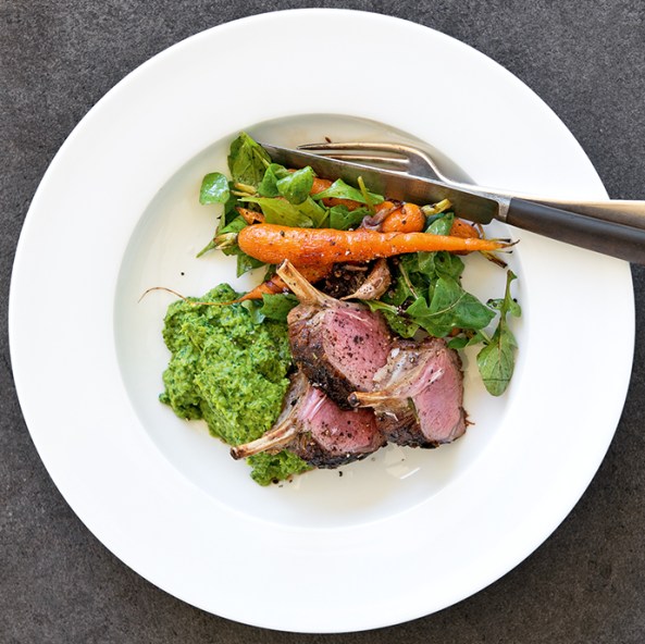 lamb with peas and roast veg