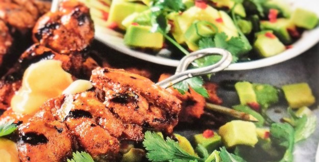 Chicken kebabs with avocado salsa