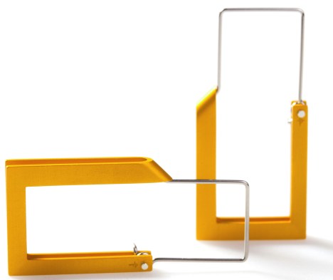 Constructivist earrings – long yellow by Phoebe Porter. Aluminium, stainless steel, 925 silver Image: Andrew Sikorski 