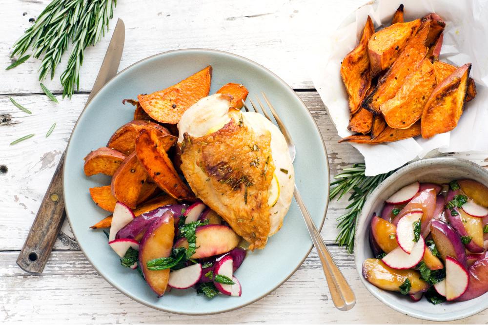 roast-chicken-with-nectarine-salad-and-potato-wedges