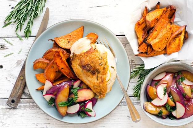 roast-chicken-with-nectarine-salad-and-potato-wedges