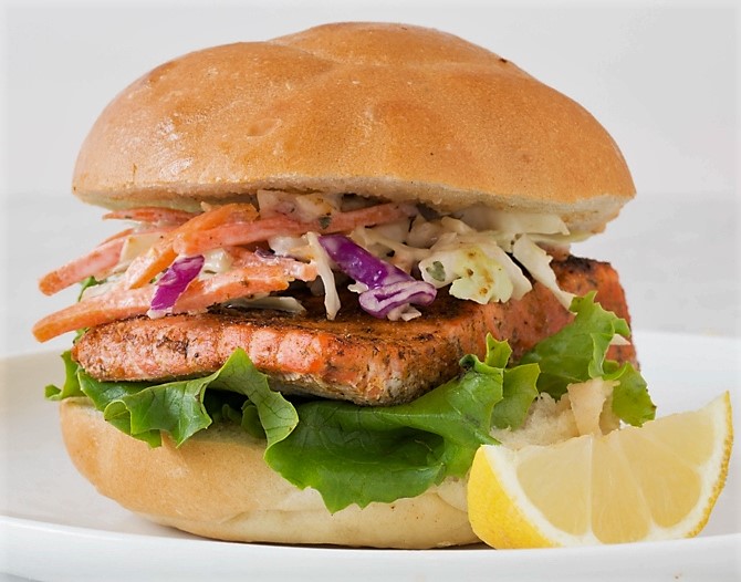 salmon burger with coleslaw